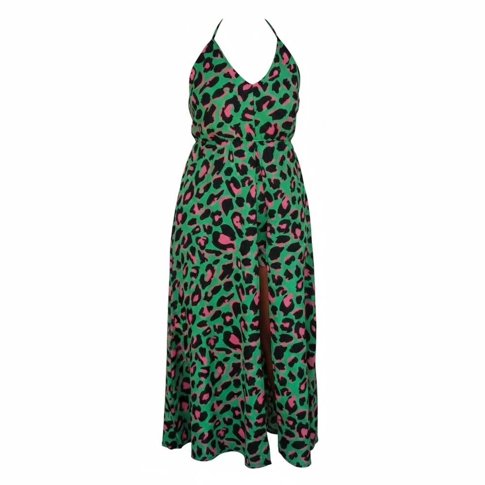 New York & Company Green and Pink Leopard Print Jumpsuit